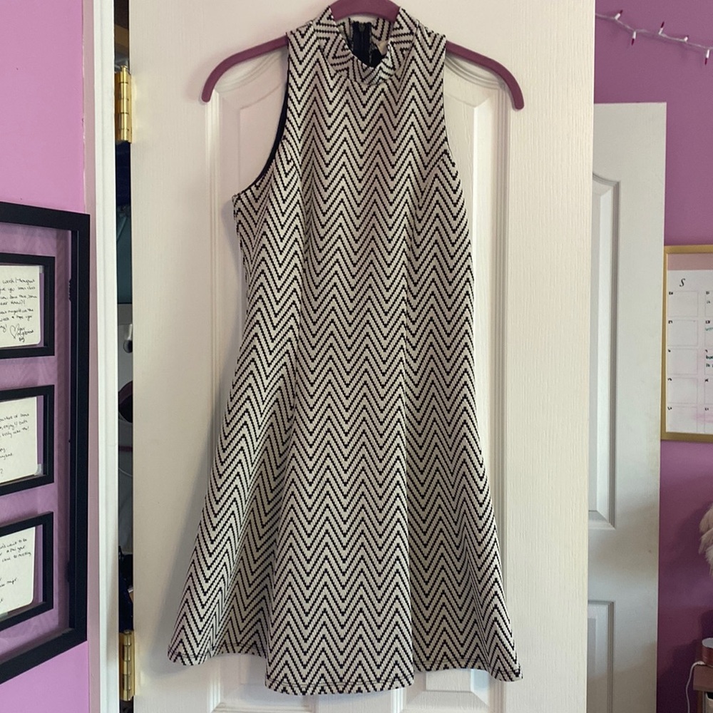 High neck black and white chevron dress